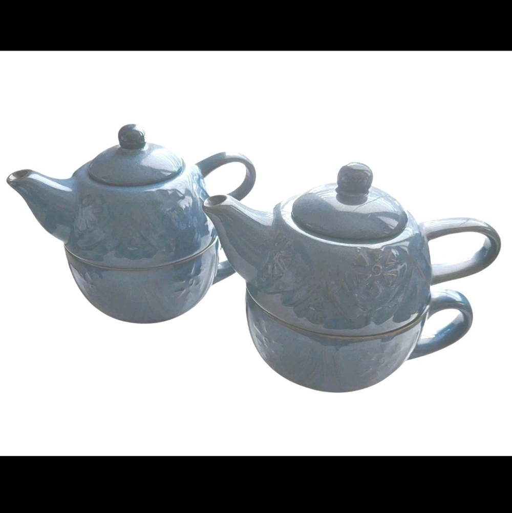 Pier 1 Blue--Gold-Embossed Design-Individual Tea Cup & Tea Pot Set (2 Sets) NWOT